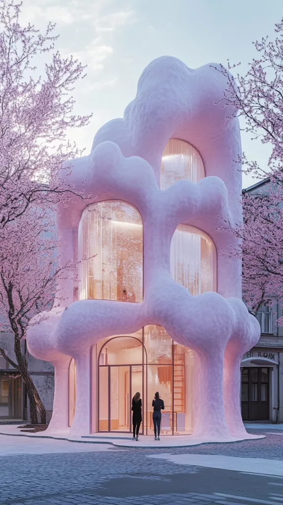 The image shows a pink, cloud-shaped building with large windows. The building has an organic, flowing shape and appears to be made of soft material. Two figures stand in front of the building, which is surrounded by a cobblestone street. The background features a light blue sky and blooming pink trees, adding a dreamy and whimsical feel to the scene.