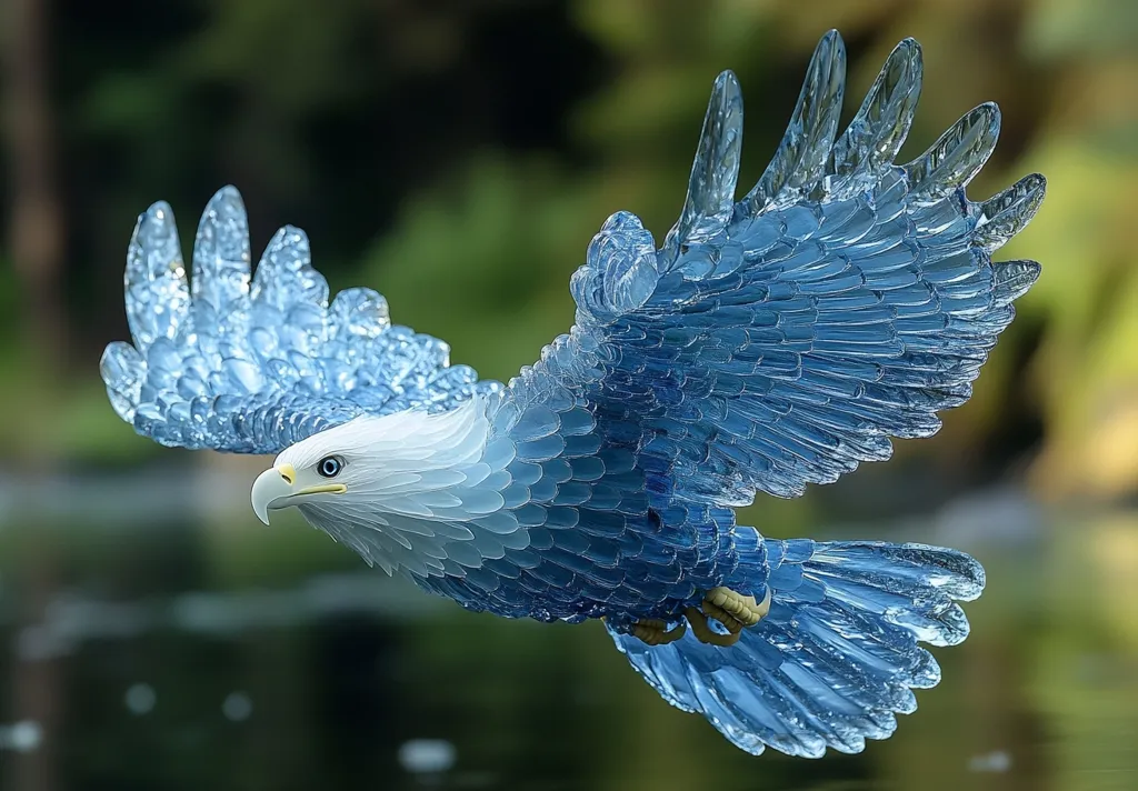 A glass sculpture of an eagle in flight with its wings spread out. The eagle is made of clear glass with a blue tint, and its feathers are all individually sculpted. The sculpture is set against a blurred background of green foliage. The eagle's head is turned to the side, as if it is looking at something in the distance. The sculpture is a beautiful example of glassblowing, and it captures the grace and power of a real eagle.