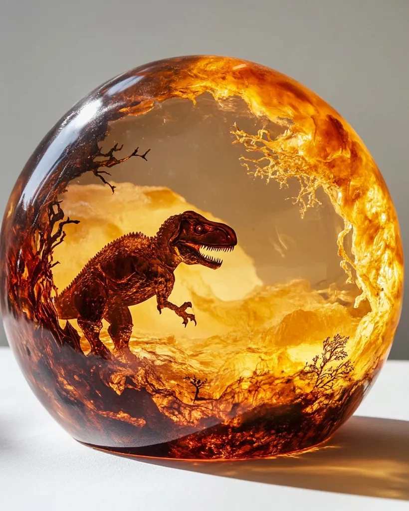 A spherical resin sculpture depicts a Tyrannosaurus Rex dinosaur walking through a prehistoric landscape. The amber-colored resin creates a warm, golden glow, highlighting the intricate details of the dinosaur's anatomy and the surrounding environment.  The dinosaur's silhouette is captured against the amber backdrop, creating a dramatic and captivating scene. The sculpture is a unique and artistic representation of a prehistoric world, frozen in time.
