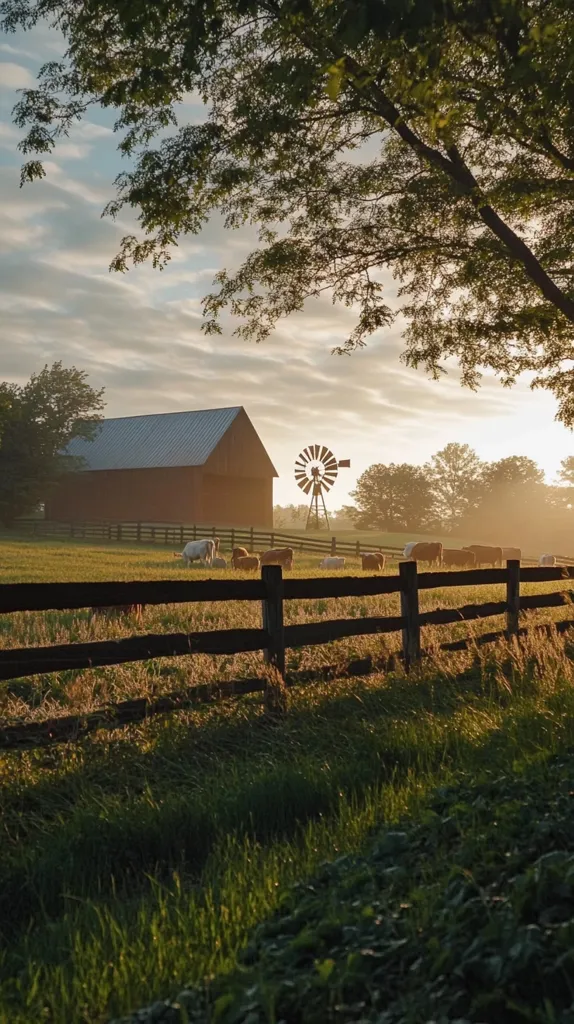 A rustic wooden fence runs through a grassy field, leading the eye towards a red barn and a windmill in the distance. The sun shines brightly through a canopy of trees, casting long shadows on the ground. The scene evokes a sense of peace and tranquility.