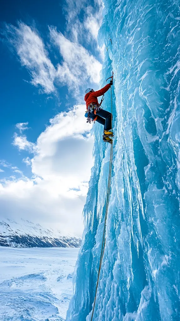 A lone ice climber, wearing a red jacket and helmet, ascends a massive, blue ice wall. They are secured by a rope, which extends down to the frozen lake below. The sky is a bright blue with fluffy clouds, highlighting the vast, snowy landscape in the distance.  The climber's small figure against the imposing ice wall emphasizes the scale of the natural wonder.