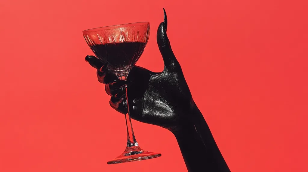 A black-painted hand, with long, sharp nails, holds a glass of red wine against a bright red background. The hand is reaching out, and the glass is tilted slightly, as if offering a toast. The image has a dark and dramatic aesthetic, and the contrast between the black hand and the red background is striking.  The image evokes a sense of mystery and intrigue.