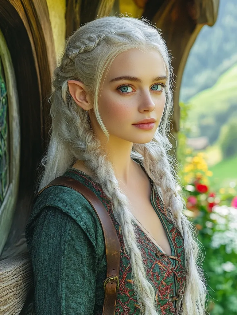 A young woman with long, white hair styled in two braids stands against a wooden background. Her hair is woven with a subtle braid, and she has striking blue eyes. She wears a deep green dress adorned with intricate red embroidery and a leather strap that crosses her chest. The background features a lush green field and a wooden structure, suggesting a fantastical or woodland setting.