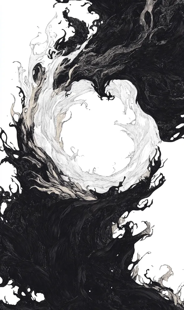 The image depicts a swirling mass of black and white, reminiscent of a cosmic dance. The black swirls are thick and heavy, while the white ones are lighter and more delicate. Together they create a sense of both chaos and order. The white space in the center is a stark contrast to the surrounding darkness. The whole composition evokes a sense of mystery and wonder.