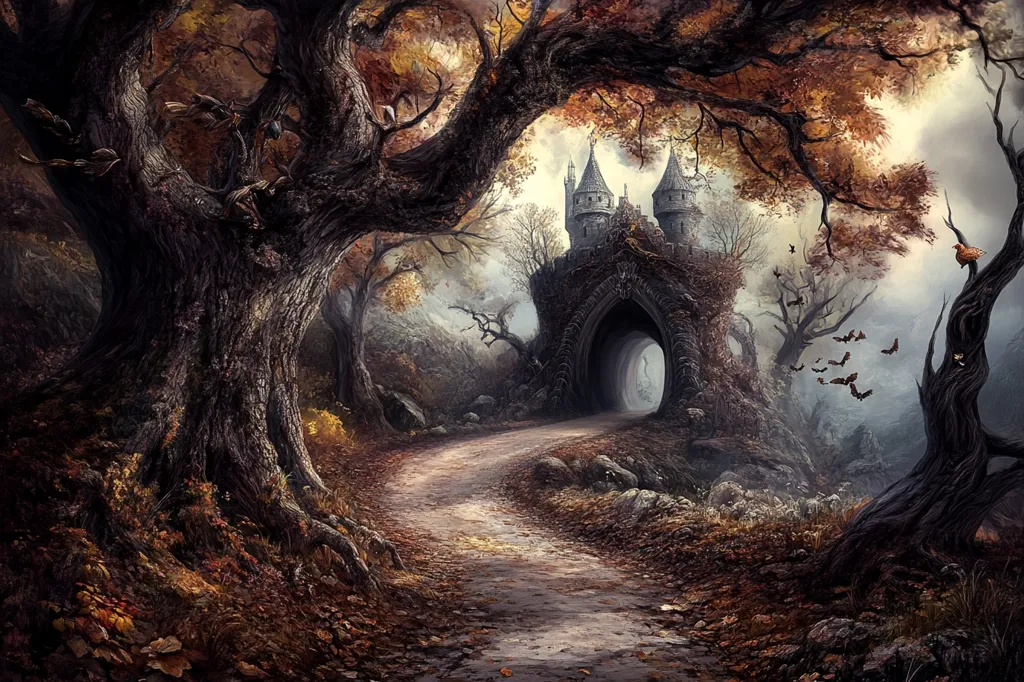 The image depicts a winding path leading to a gothic castle nestled in a misty, autumnal forest. The path is lined with fallen leaves and ancient, gnarled trees. The castle, with its pointed towers and arched doorway, appears to be built into a rocky cliff. The scene has a sense of mystery and intrigue, inviting the viewer to explore the secrets that lie within.  The scene is framed by a large tree in the foreground, its branches reaching out towards the castle, while a flock of bats soars overhead.