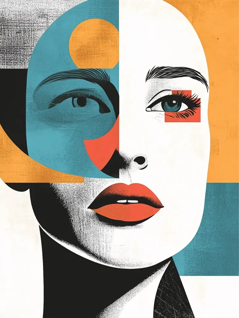 The image is a stylized portrait of a woman's face. It is created using geometric shapes and bold colors, with a  grainy texture adding to the abstract feel.  The right side of her face is white, while the left side is a patchwork of teal, orange, and red. Her lips are a vibrant red, and her eye is a deep blue. The overall effect is striking and modern, with a strong sense of design.