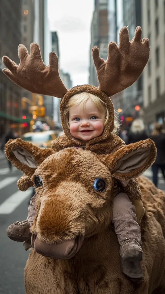 A young child wearing a brown moose costume rides a plush moose toy on a city street. The child has blonde hair and is smiling. They are dressed in a brown hooded jumpsuit with large furry antlers. The plush moose is brown and has a large head and long legs. The child's legs are hanging off the side of the toy. The background is a blurred city street with tall buildings.
