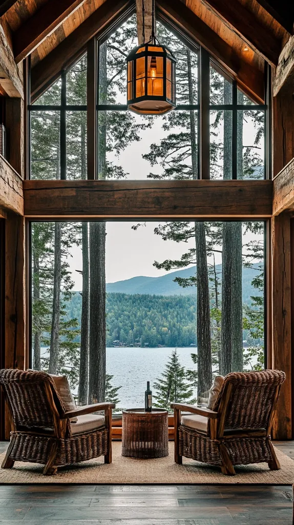 Two wicker armchairs sit facing each other in front of a large window overlooking a lake.  The window is framed by rustic wooden beams, and a chandelier hangs from the ceiling. The lake is surrounded by tall trees and mountains in the distance. A small wooden table with a bottle of wine on it sits between the chairs. The room is warm and inviting, with a sense of peace and tranquility.