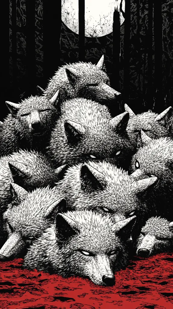 A pack of wolves, rendered in black and white, are piled on top of each other against a dark, moonlit forest background. The wolves are drawn in a detailed, almost skeletal style, with sharp teeth and intense expressions. The image has a sinister, almost macabre feel. Blood stains the ground beneath the wolves, suggesting a recent kill.  The wolves are huddled together, hinting at a sense of primal instinct and pack unity.