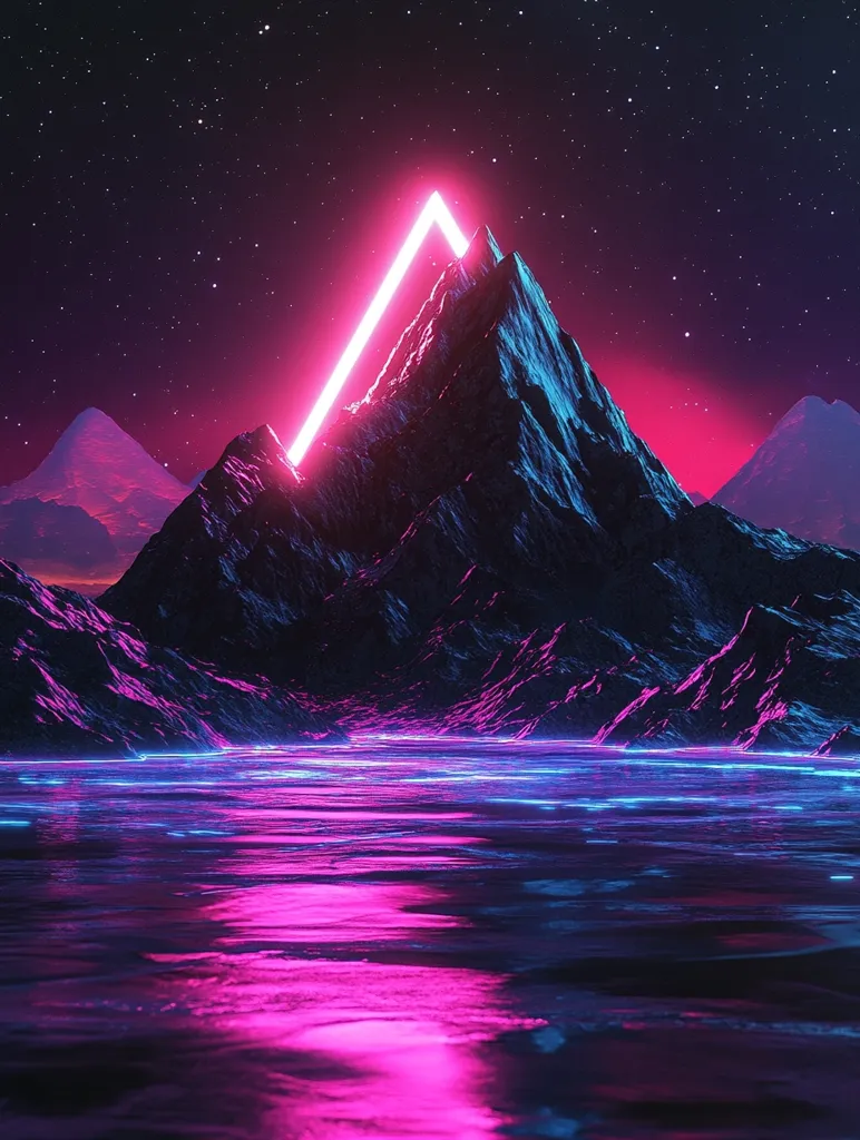 A mountain range under a dark, starry sky is illuminated by a bright, neon pink triangle. The reflection of the light on the calm water creates a vibrant, colorful scene. The image has a retro, synthwave aesthetic.