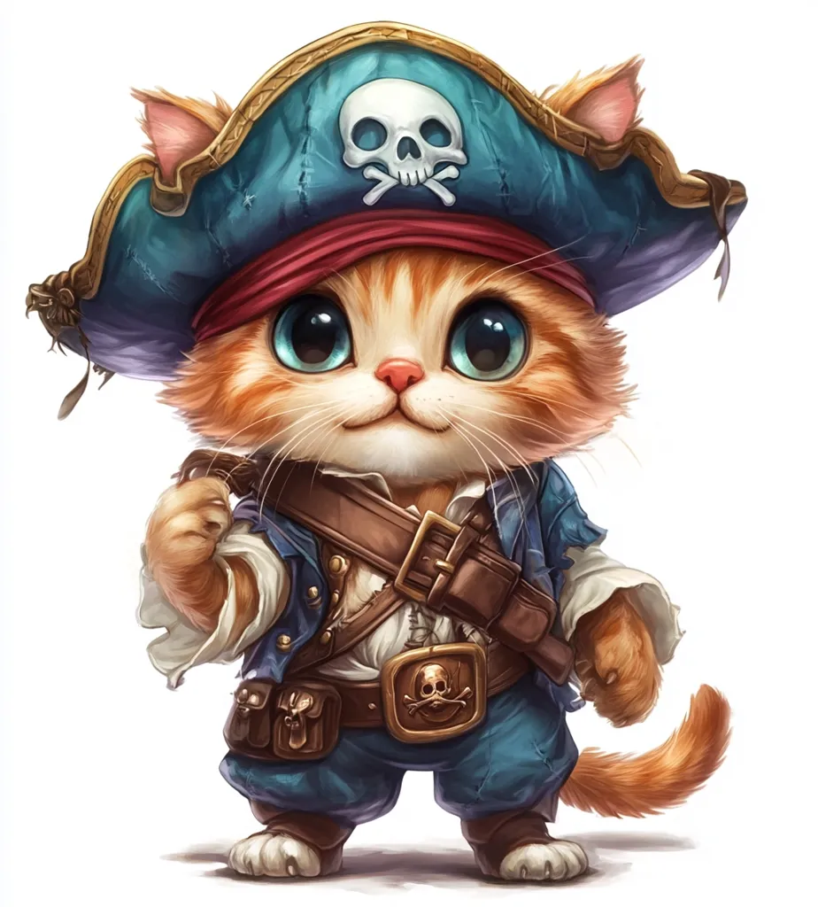 A cute, orange tabby cat is dressed as a pirate. It is wearing a blue and red pirate hat with a skull and crossbones, a blue and white shirt, brown leather belt, and brown boots. It has large, blue eyes and a sweet expression on its face. The cat is standing on a white background.  The image is playful and adorable.  The cat looks like a friendly and adventurous character.