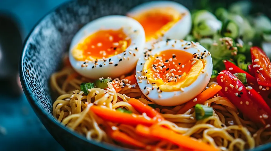 A bowl of ramen noodles topped with three soft boiled eggs sprinkled with sesame seeds. The ramen is garnished with chopped scallions, sliced red peppers and carrots. The bowl is black with a speckled pattern and sits on a blue background. The image is a close-up, highlighting the colorful ingredients.