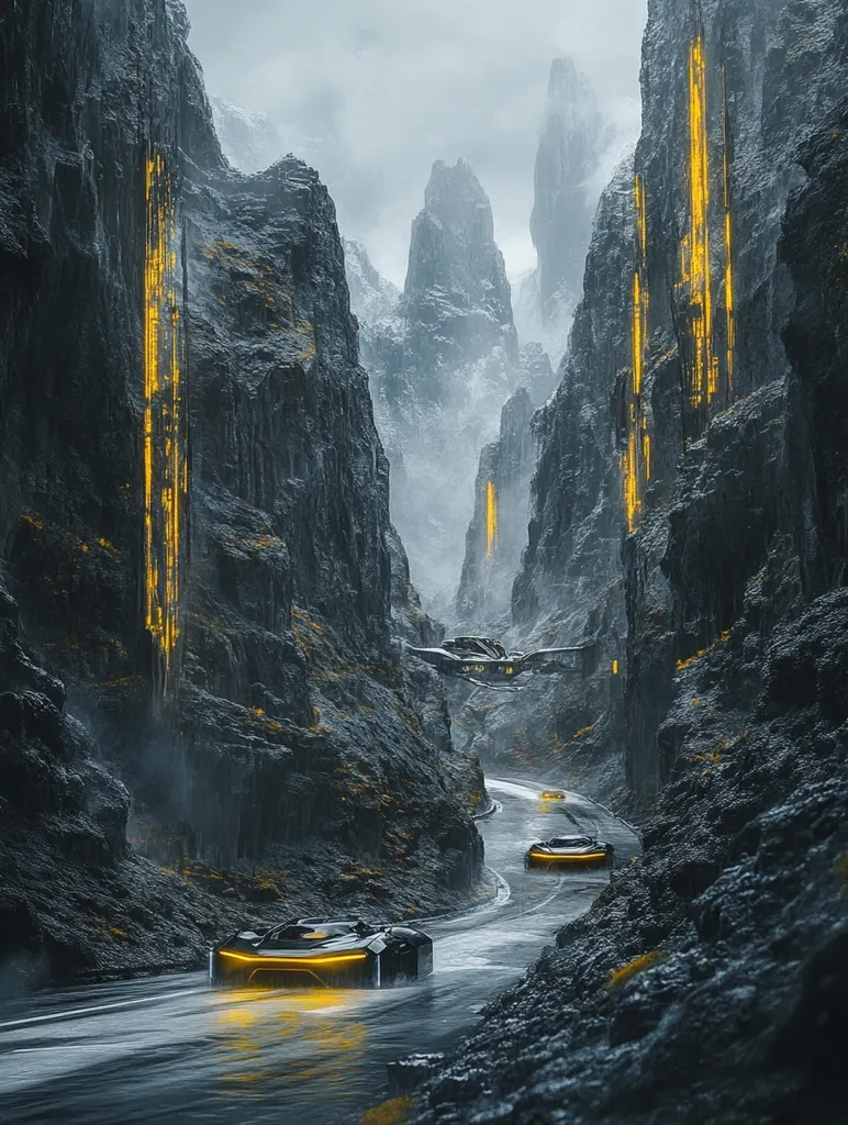 A winding road cuts through a misty canyon, flanked by towering, dark gray cliffs. Golden lines of light streak down the cliff faces, creating a surreal and futuristic atmosphere.  Three sleek, black cars travel along the road, their headlights cutting through the mist. The scene is a blend of nature and technology, suggesting a world where the two coexist.