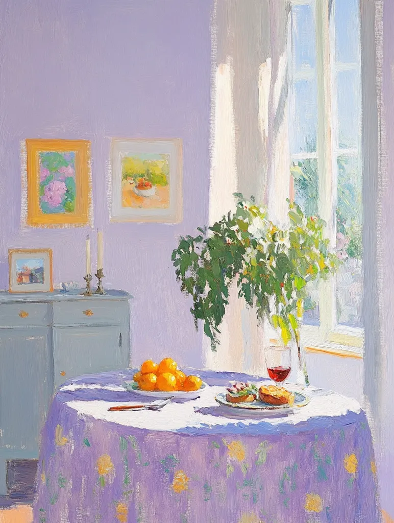The painting depicts a still life scene in a sunlit room. A table with a purple tablecloth is set with a plate of oranges, a sandwich, a glass of red wine, and a knife. A vase of flowers hangs over the table from the window, and a gray cabinet sits behind it. The walls are a soft purple, and two framed pictures hang on them. Sunlight streams through a window with white curtains, illuminating the scene with a warm glow. The painting is rendered in a loose, painterly style, with brushstrokes adding texture and depth to the scene.