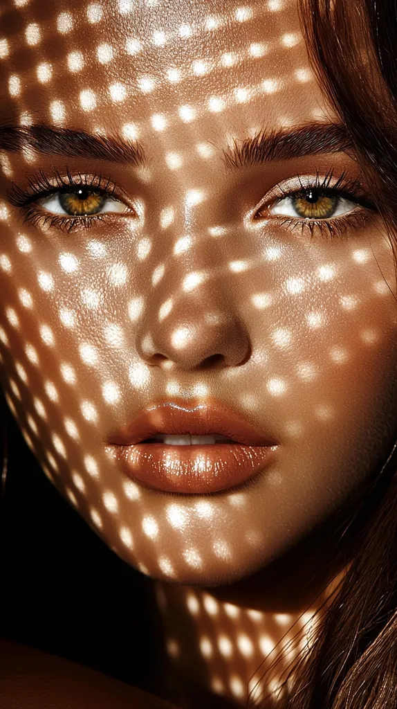 A close-up of a woman's face, illuminated by a pattern of light. Her eyes are closed, her lips are full and glossy, and her skin is smooth and tanned. The light creates a delicate and ethereal effect on her features, emphasizing her beauty.  The image is soft and sensual, capturing a moment of quiet intimacy.