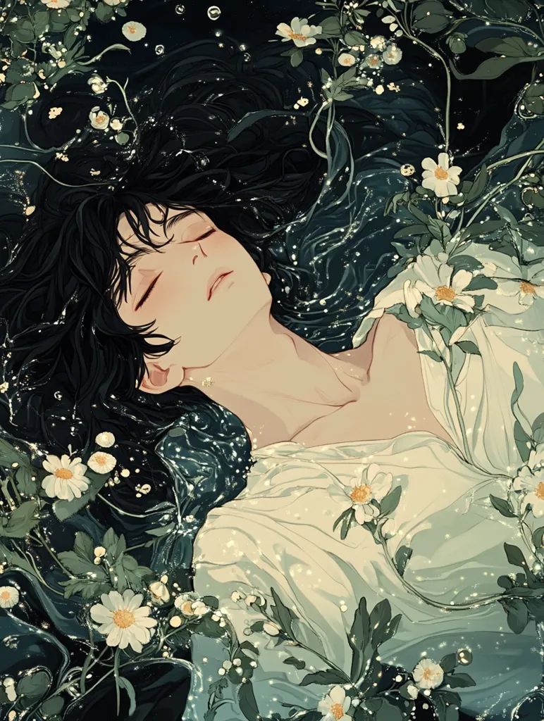The image is of a young woman with long black hair,  wearing a white dress and lying face-up in a bed of white flowers. She appears to be asleep with her eyes closed. The flowers are surrounded by green foliage and water with white bubbles floating around. The image has a dreamy and ethereal feel.  The focus on the woman's face and the surrounding flowers creates a sense of peace and tranquility.  The soft, gentle colors and light suggest a calm and serene atmosphere.