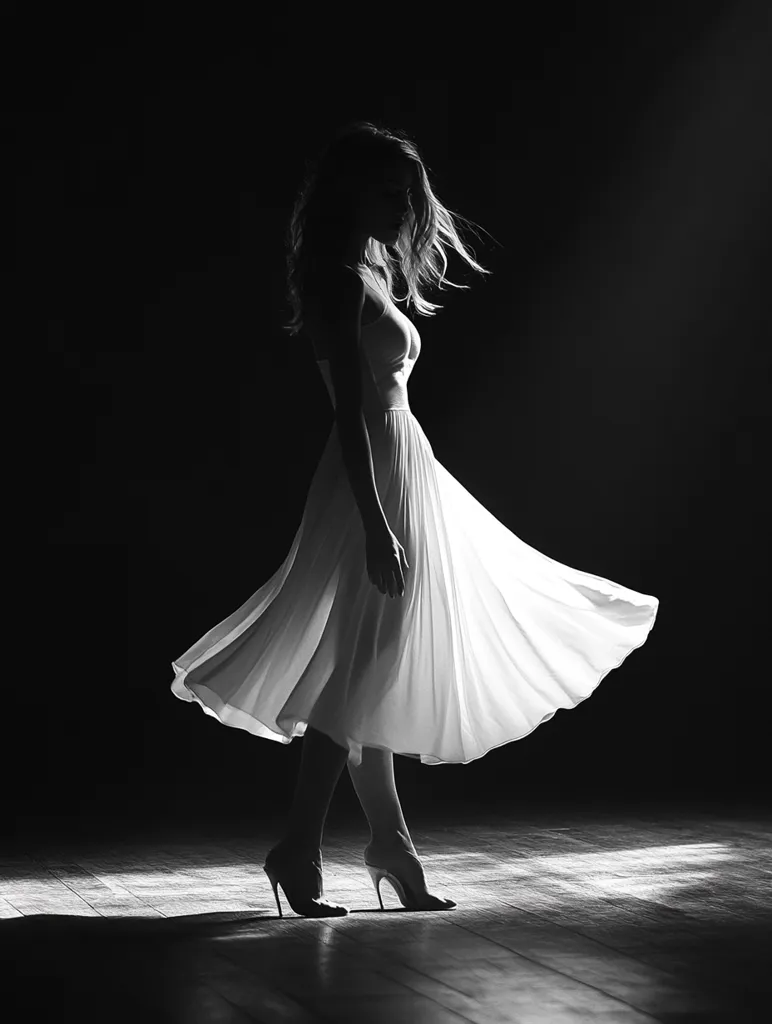 A woman in a flowing white dress stands on a wooden floor, illuminated by a single spotlight. Her hair is long and flowing, and she looks down at her feet as she twirls. The image is in black and white, creating a sense of drama and elegance.