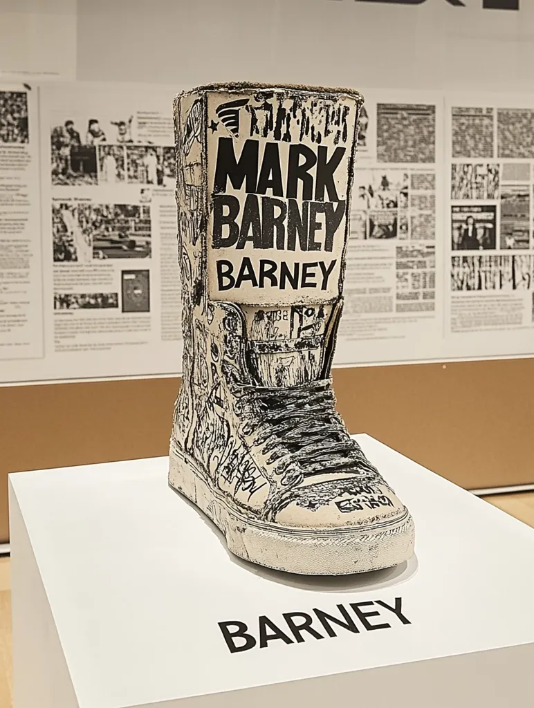 A white high-top sneaker with black markings and the name "Mark Barney" written on the side is displayed on a white pedestal. The background features black and white newspaper clippings. The sneaker is a unique and artistic piece, showcasing the creative use of graffiti and the artist's signature. The pedestal is labeled "Barney," adding to the display's artistic flair.