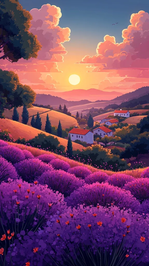 A picturesque sunset over a lavender field. The sky is ablaze with vibrant hues of orange and pink, with fluffy clouds. A few small houses are nestled in the hills, surrounded by lush greenery. The field of lavender is a sea of purple, adding a touch of serenity to the scene. The overall atmosphere is peaceful and serene, with the warmth of the setting sun casting a soft glow over the landscape.