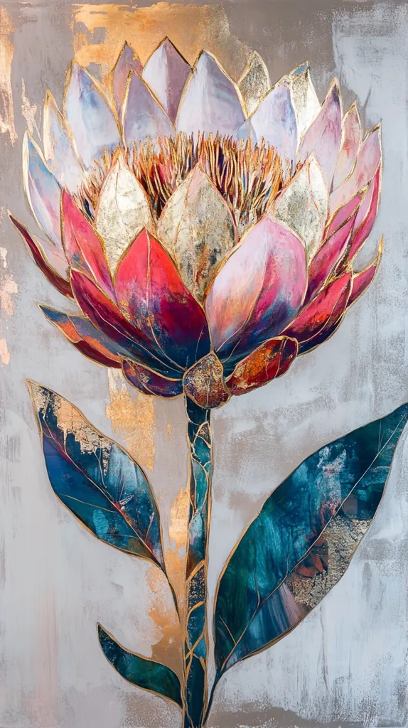 A painting of a single protea flower. The flower is depicted in shades of pink, red, and white, with gold accents. The leaves are a deep teal blue with gold veins. The background is a muted beige with gold accents. The painting has a contemporary abstract style.