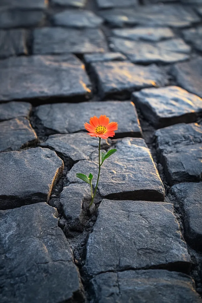 A single orange flower with yellow center blooms from a crack in a stone path. The flower's delicate petals contrast with the rough texture of the gray stone, creating a striking visual of resilience and beauty amidst harshness. The flower's stem and leaves reach out towards the sunlight, symbolizing life's ability to thrive even in unexpected places.