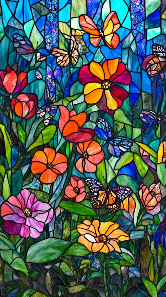 This image is a stained glass window depicting a beautiful garden scene.  The window is filled with vibrant colors, including shades of blue, green, red, yellow, orange, and pink.  Flowers, butterflies, and leaves are all intricately depicted in the stained glass design, giving the impression of sunlight filtering through the glass. The window has a beautiful and intricate design that would be a stunning addition to any home.