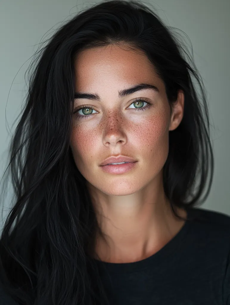 A young woman with long, dark hair and green eyes stares directly at the camera. She has a natural, fresh face with freckles, and her lips are slightly parted. She is wearing a black t-shirt, and the background is a simple, light gray. The image is close-up, focusing on her face and eyes. Her expression is neutral, but her gaze is intense.