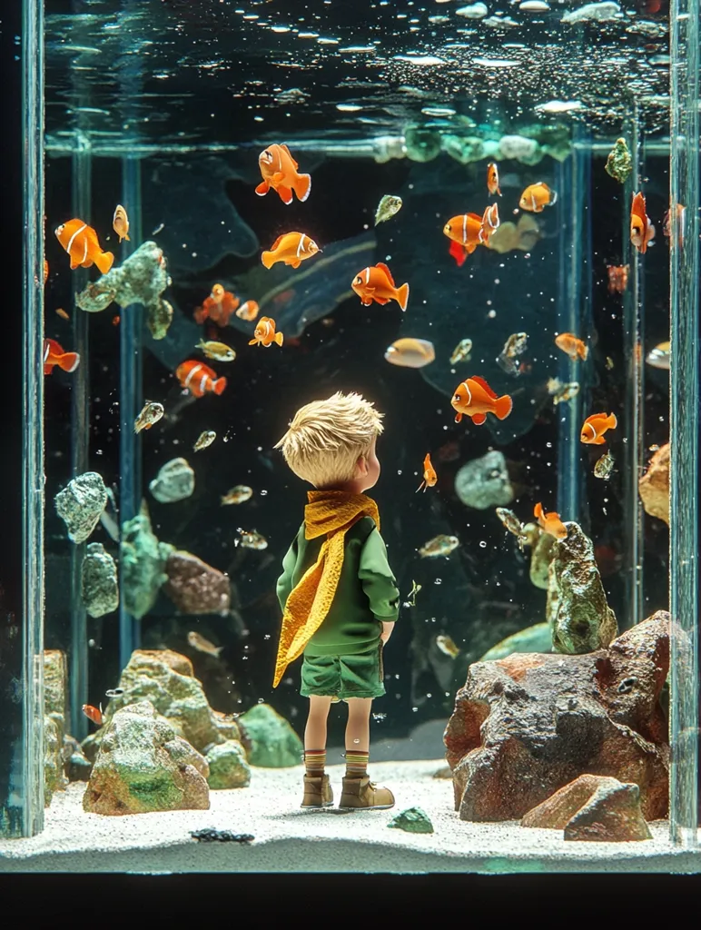 A young boy, wearing a yellow scarf and green pants, stands in front of a large aquarium filled with bright orange fish. The boy looks intently at the fish, which swim around him in the clear water. The aquarium is decorated with rocks and sand, creating a natural habitat for the fish. The scene is a serene and peaceful one, capturing the wonder and fascination of a young boy observing the beauty of nature.