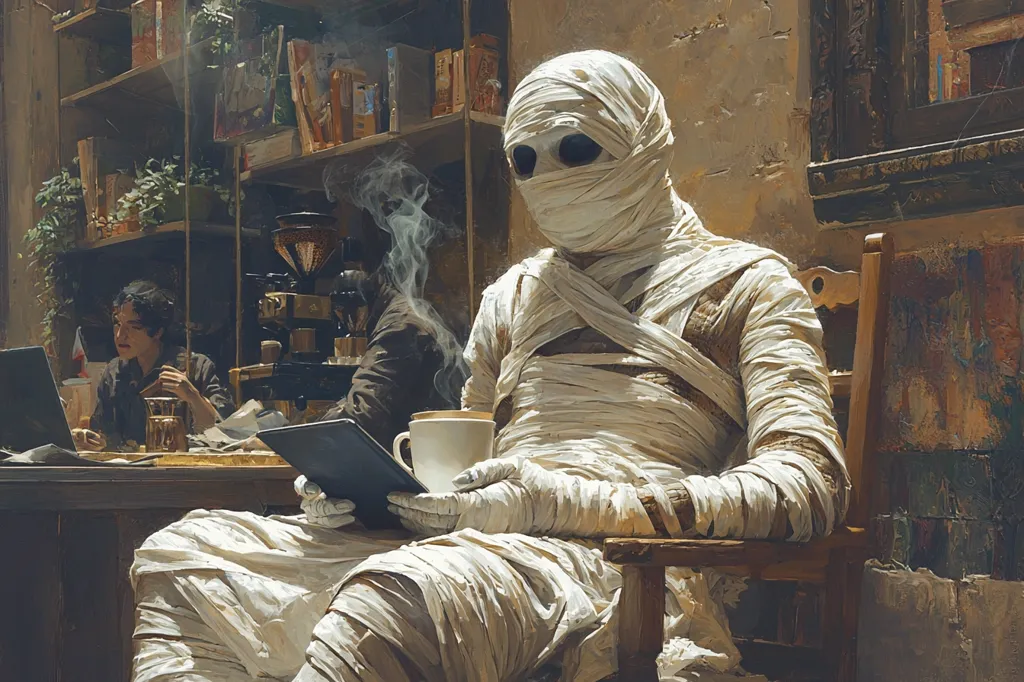 A mummy sits in a wooden chair at a coffee shop. The mummy is fully wrapped in bandages and has a cup of coffee in one hand and a tablet in the other. The mummy is sitting in front of a wooden counter with a person on the other side of the counter. The person is looking down at their phone. There is a coffee machine on the counter and a bookshelf behind them.