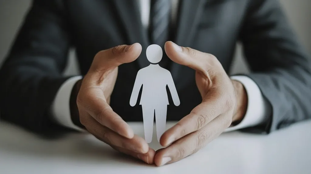 The image shows a person in a suit, with their hands cupped around a paper cutout of a human figure. The person's hands are positioned as if they are protecting the figure. The image could symbolize the concept of human protection or security. The use of a paper cutout adds a sense of vulnerability and fragility.