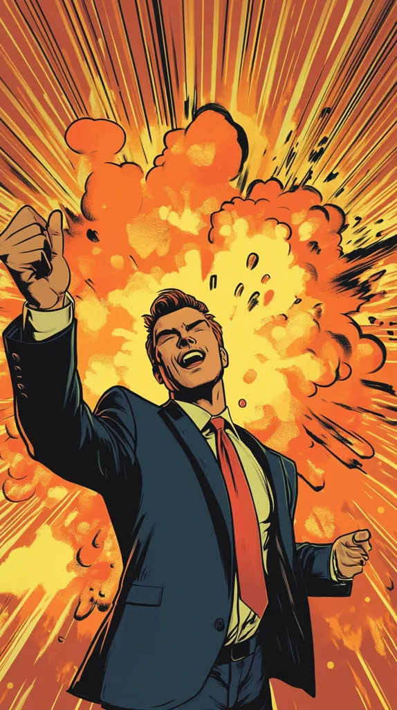 A man in a suit, with a red tie, is standing in the center of a bright, yellow and orange explosion. He is looking up with his mouth open, as if shouting.  The background is filled with radiating lines and bursts of color, creating a dynamic and energetic composition.