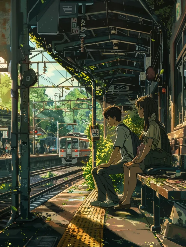 A young couple sits on a bench at a train station, waiting for a train. The man is dressed in a blue shirt and black pants, while the woman wears a white shirt and a brown skirt. The train station is old and run-down, with a large metal roof overhead. The train tracks are visible in the foreground, and a train can be seen in the distance. The scene is bathed in warm sunlight, casting long shadows on the platform. The couple appears to be lost in conversation, oblivious to the world around them. The overall impression is one of peaceful solitude and quiet anticipation.