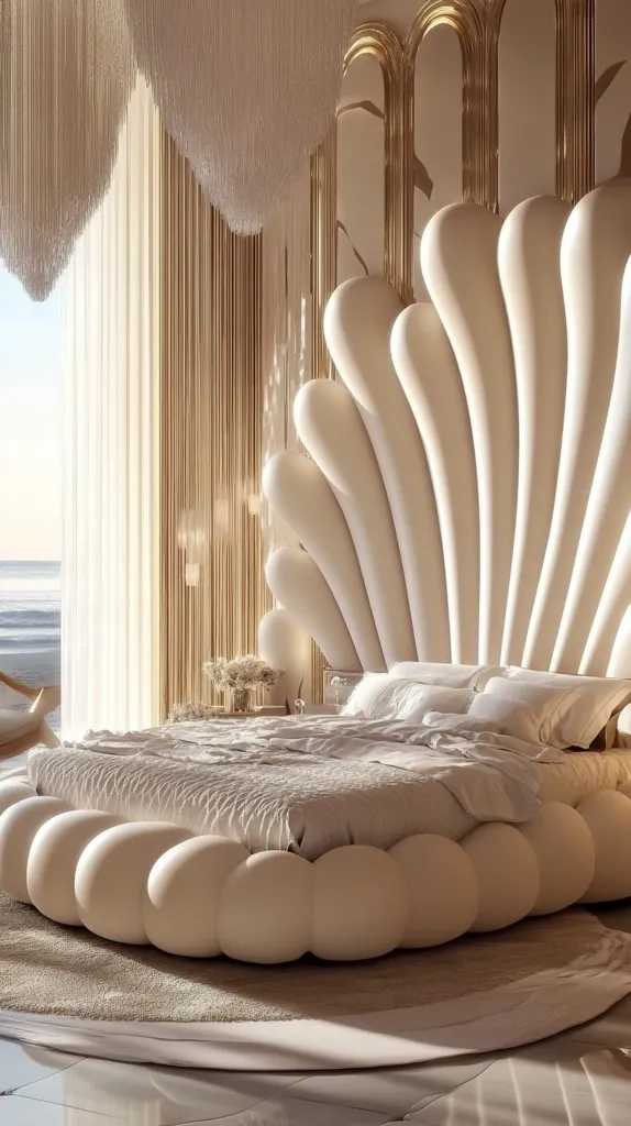 A luxurious bedroom with a large, circular bed featuring a unique, scallop-shaped headboard and a fluffy, white comforter. The bed sits on a plush, cream-colored rug and is positioned in front of a window offering a view of the ocean.  The room is decorated with a glamorous aesthetic, with sheer curtains, a golden wall behind the bed, and a crystal chandelier hanging from the ceiling.  The overall impression is one of elegance and comfort.