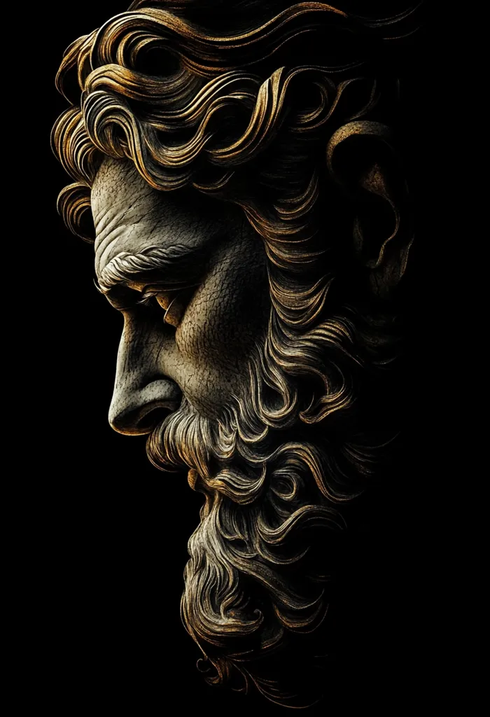 The image shows a close-up of a bronze statue of a man's head, with a flowing beard and hair, set against a dark background. The statue is crafted with intricate detail, capturing the texture of the hair and beard. The lighting highlights the depth and contours of the sculpture, creating a sense of drama and intrigue. The man's face is partially obscured, adding to the mystery of the piece.  The focus on the head and beard creates a sense of power and authority.