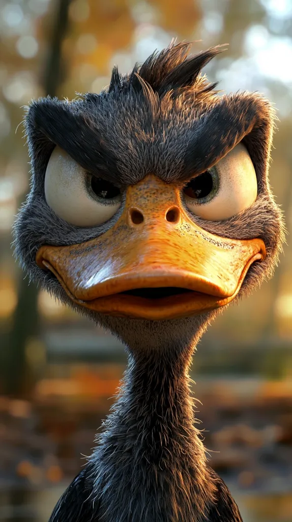 The image shows a close-up of a duck's face, with a focus on its eyes. The duck has a serious expression and seems to be glaring directly at the viewer. Its feathers are fluffy, giving it a soft appearance, but its sharp eyes and beak suggest a more assertive personality. The background is blurred, drawing attention to the duck's face. The lighting is soft and warm, highlighting the duck's features.