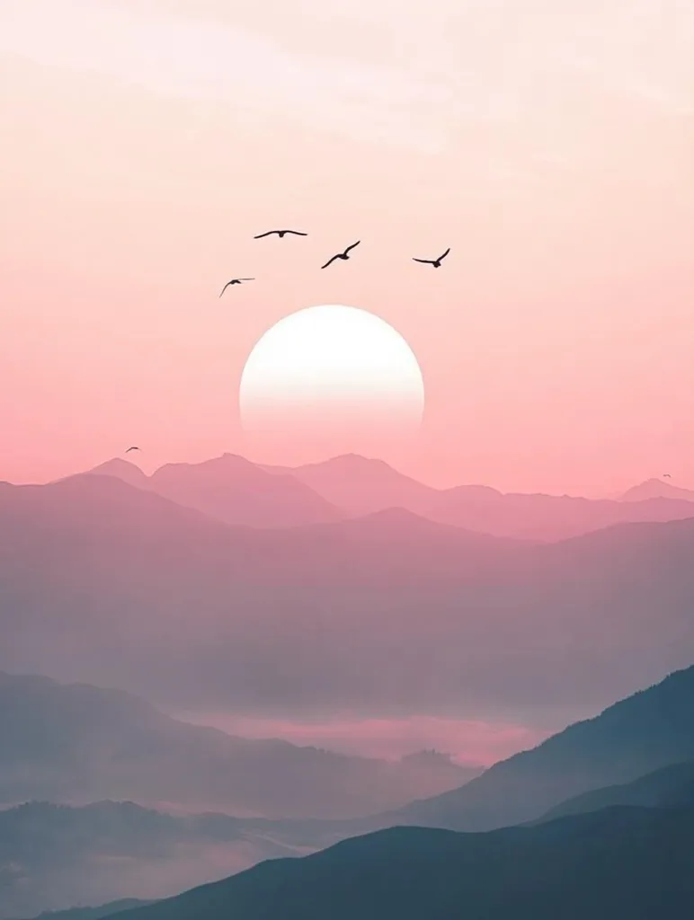 The image shows a sunrise over a mountain range. The sky is a soft pink color, and the sun is a bright white circle. There are a few birds flying in the sky. The mountains are a dark blue color, and they are covered in a layer of fog. The image is very peaceful and serene.