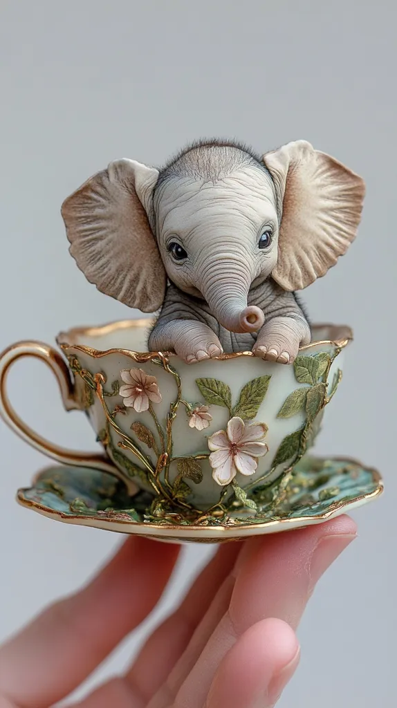 A small, realistic-looking elephant figurine sits in a delicate porcelain teacup with floral designs. The cup and saucer are held in a hand against a light gray background. The elephant’s large ears are visible, and its trunk is curled up.  The figurine captures the charming cuteness of an elephant calf.