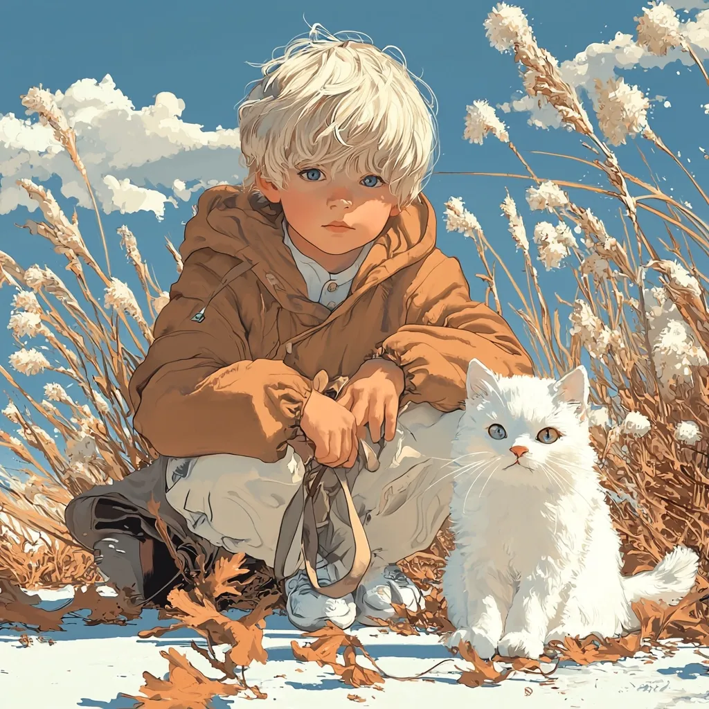 A young boy with blonde hair sits in a field of tall grass. He is wearing a brown jacket and is looking down at the white cat beside him. The cat has blue and green eyes and is looking straight at the viewer. The scene is peaceful and serene, with a bright blue sky and fluffy clouds in the background. Fallen leaves litter the ground, adding to the autumnal feel of the image.