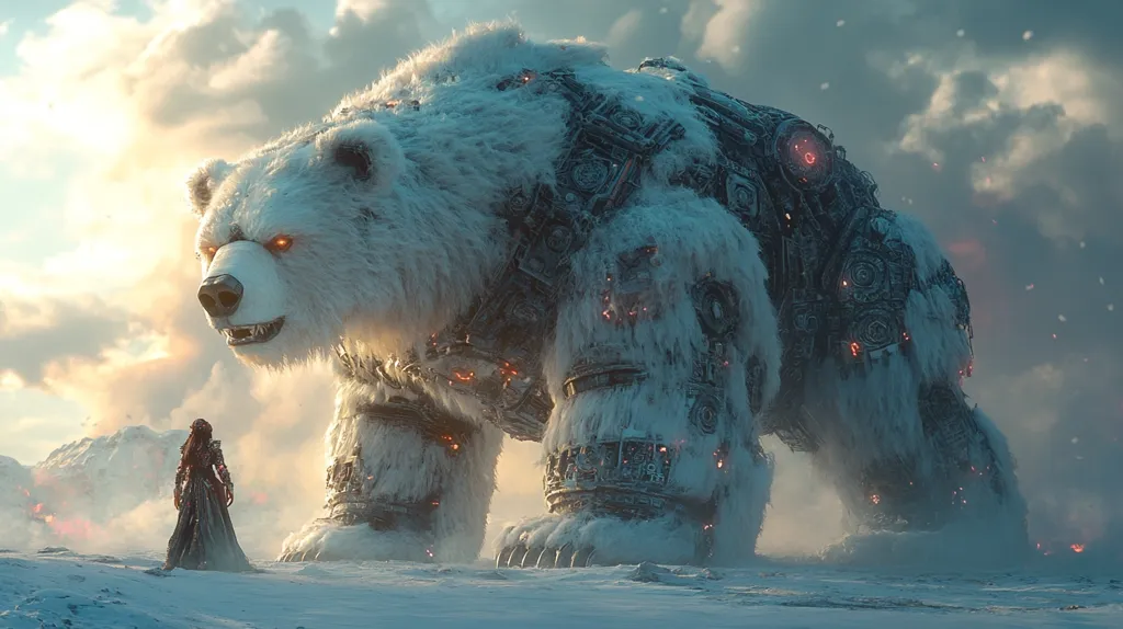 A massive, snow-covered, mechanical bear stands in a snowy landscape. Its glowing red eyes stare menacingly as a lone woman in a dark dress stands before it. The setting sun casts a warm glow over the scene, but the air is heavy with the sense of impending danger. The woman's small figure contrasts sharply with the bear's immense size, highlighting the sheer power and scale of this mechanical beast. The intricate details of the bear's metallic body hint at a complex and powerful technology, leaving one to wonder about its purpose and origin.