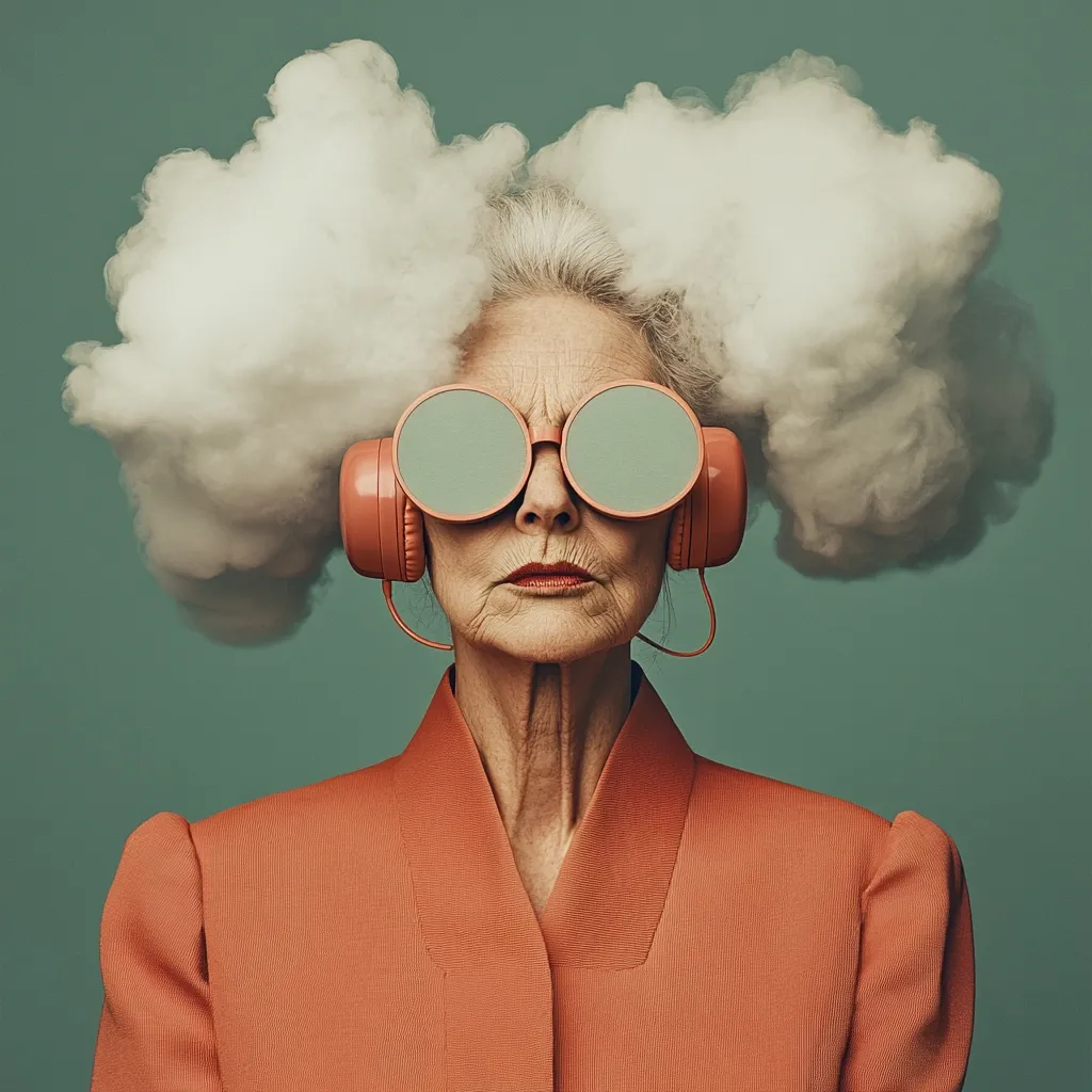 An older woman with white hair wears large, round, pink headphones and sunglasses with green lenses. She stares straight ahead, her expression serious and her lips slightly parted. A fluffy, white cloud sits atop her head, blending seamlessly with her hair. She is dressed in a bright orange jacket, standing against a pale teal background.