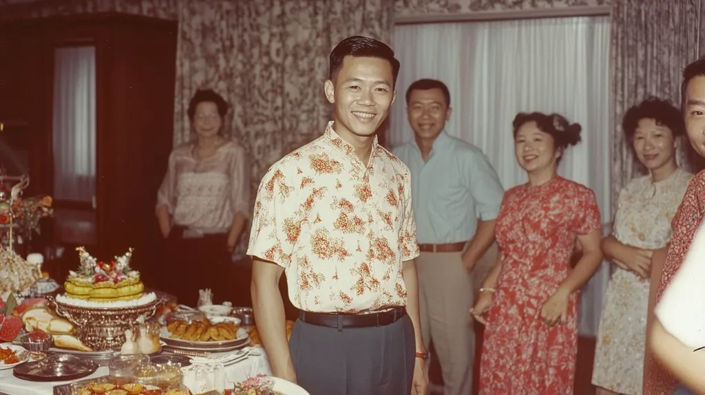 The image shows a group of people gathered around a table laden with food, likely for a celebration. A man wearing a floral shirt and dark pants stands front and center, smiling broadly. He is surrounded by other guests, including two women in brightly patterned dresses and two men. The table is decorated with a large cake and an assortment of dishes, creating a festive atmosphere. The setting appears to be a home, adding a personal touch to the gathering. The overall impression is one of joy and shared enjoyment.