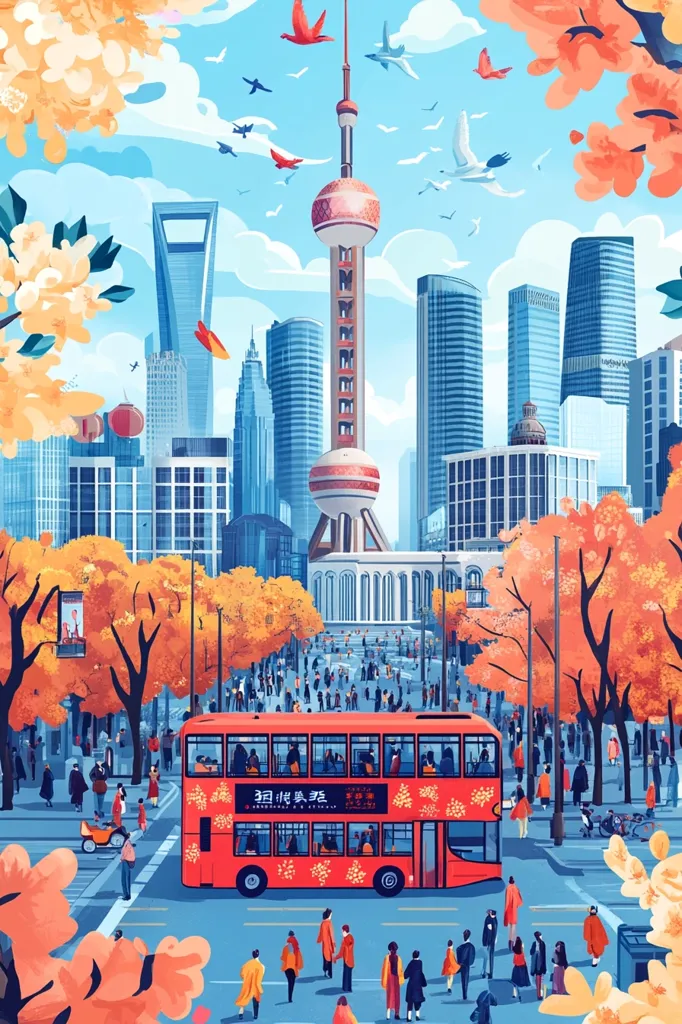 A vibrant illustration of a bustling city street in Shanghai, China. Tall skyscrapers pierce the sky, including the iconic Oriental Pearl Tower.  The scene is awash with warm colors, with a double-decker bus adorned with traditional Chinese patterns driving through the crowds. The street is lined with autumnal trees, creating a picturesque backdrop for the urban scene. The illustration captures the energy and beauty of modern Shanghai, showcasing its architectural grandeur and vibrant cultural landscape.