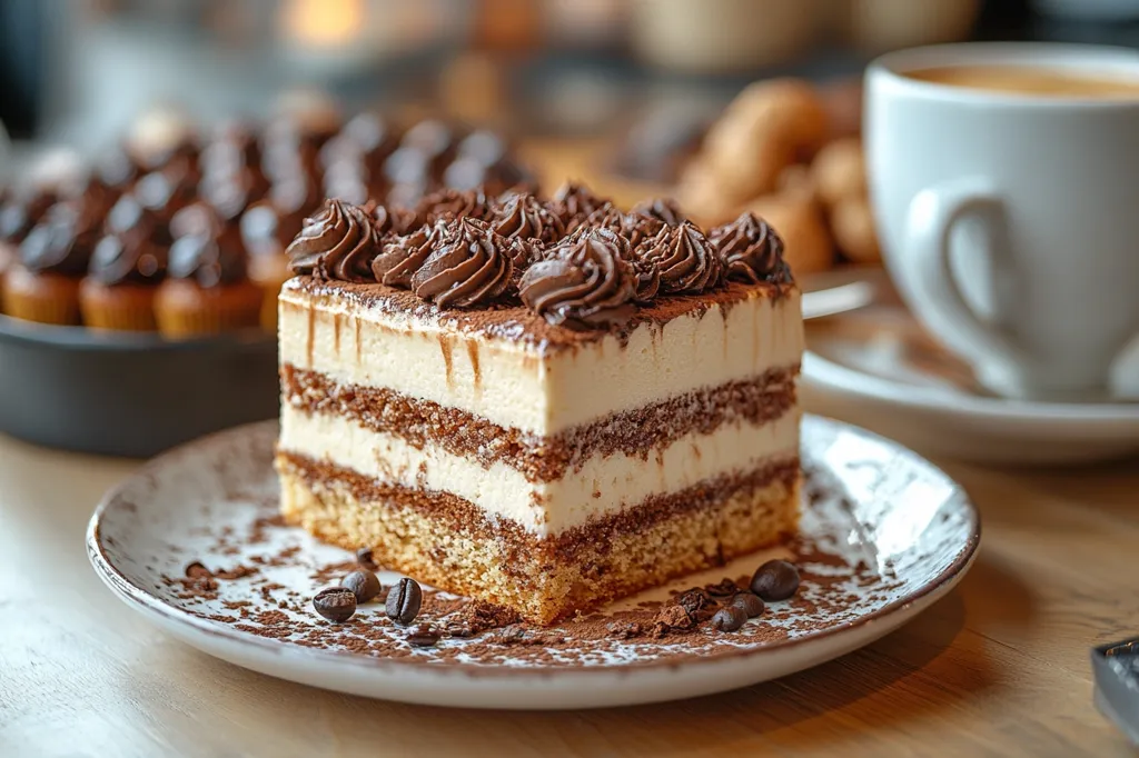 A slice of tiramisu sits on a white plate with a dusting of cocoa powder and coffee beans.  The dessert has layers of coffee-soaked ladyfingers, mascarpone cream, and cocoa powder. In the background is a blurry image of other pastries and a cup of coffee.  The warm lighting and soft focus create a inviting and cozy atmosphere.
