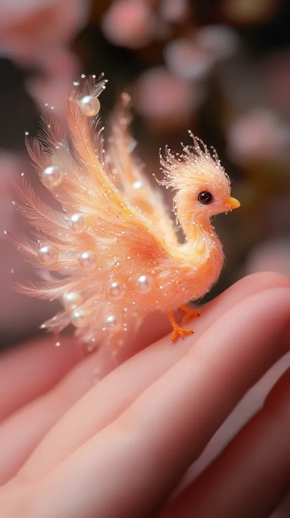 A small, delicate bird with a peach-colored body and white pearl-like accents sits on a hand. The bird has fluffy feathers and a long neck with a small beak. It has a sweet and charming appearance. The background is blurred and soft, focusing the attention on the bird.  The image evokes a sense of beauty and innocence.
