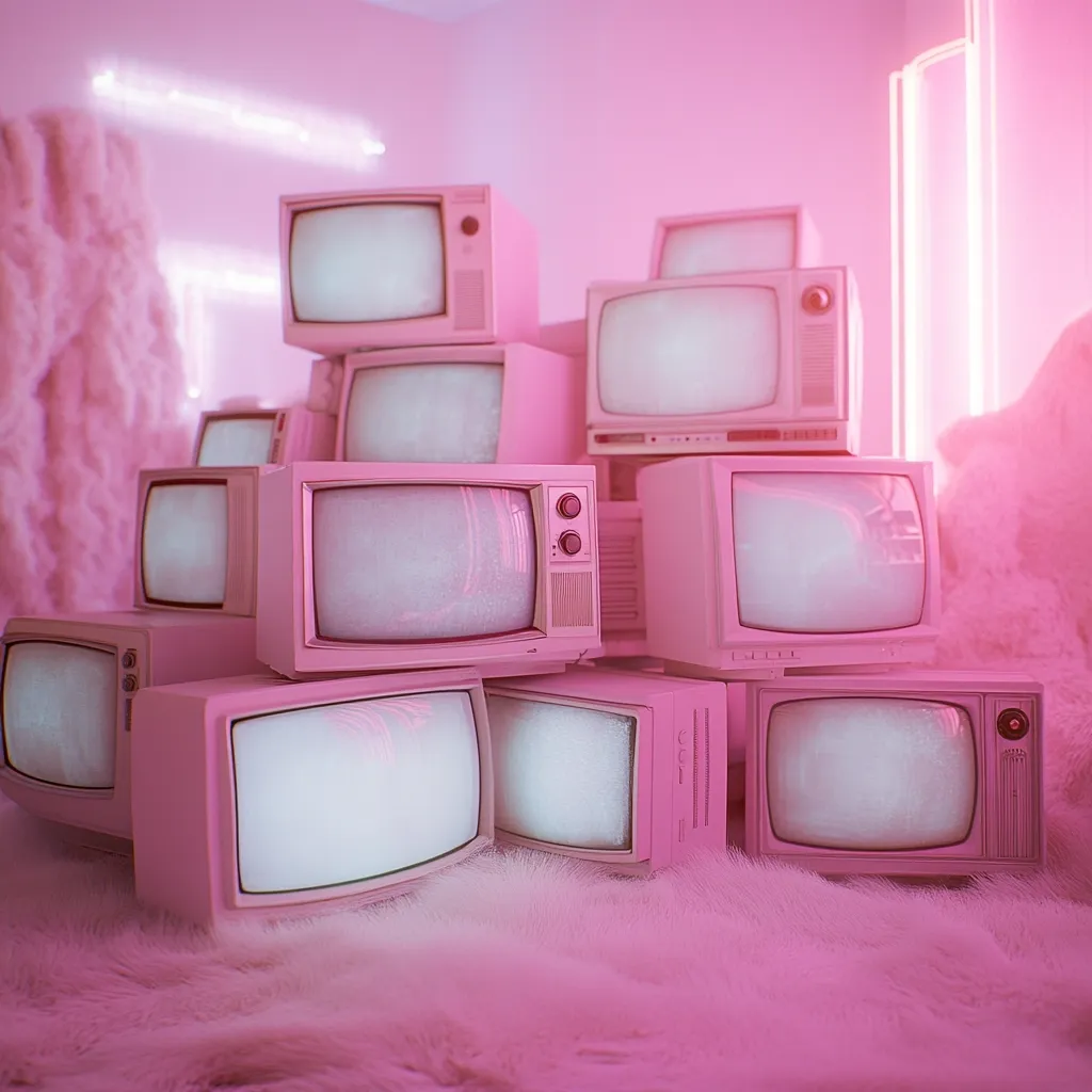 A stack of vintage, pink televisions sit on a fluffy, white rug in a room bathed in pink light. The televisions are arranged in a haphazard pile, with some of them slightly tilted or leaning against each other. Their screens are all blank, suggesting a nostalgic and surreal atmosphere. The image captures a retro aesthetic and a sense of playful disarray.