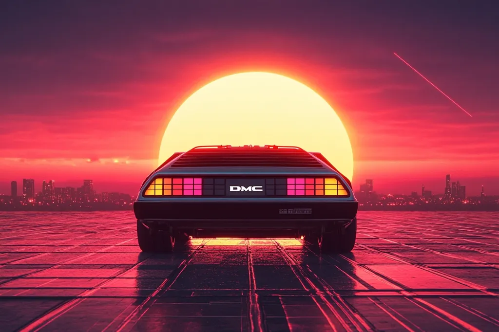 A DeLorean DMC-12 sits on a checkered road, facing a bright orange sun setting behind a cityscape. The car is glowing with pink and orange lights, creating a retro 80s aesthetic. The setting sun casts a warm glow on the scene, and a single red line streaks across the sky.  The image evokes a feeling of nostalgia and adventure.