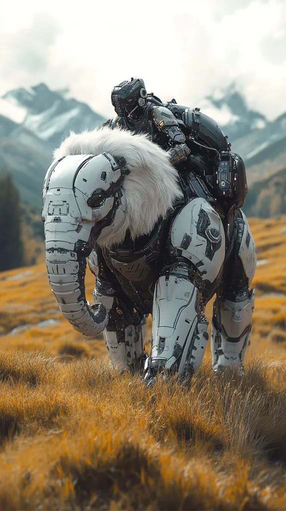 A futuristic, robotic elephant with white armor and a fluffy, white, fur-like covering walks through tall, dry grass. A  robotic figure in black armor sits atop the elephant's back, holding a weapon and looking forward. In the background, there are distant mountains.  The image has a sense of adventure and futuristic action.