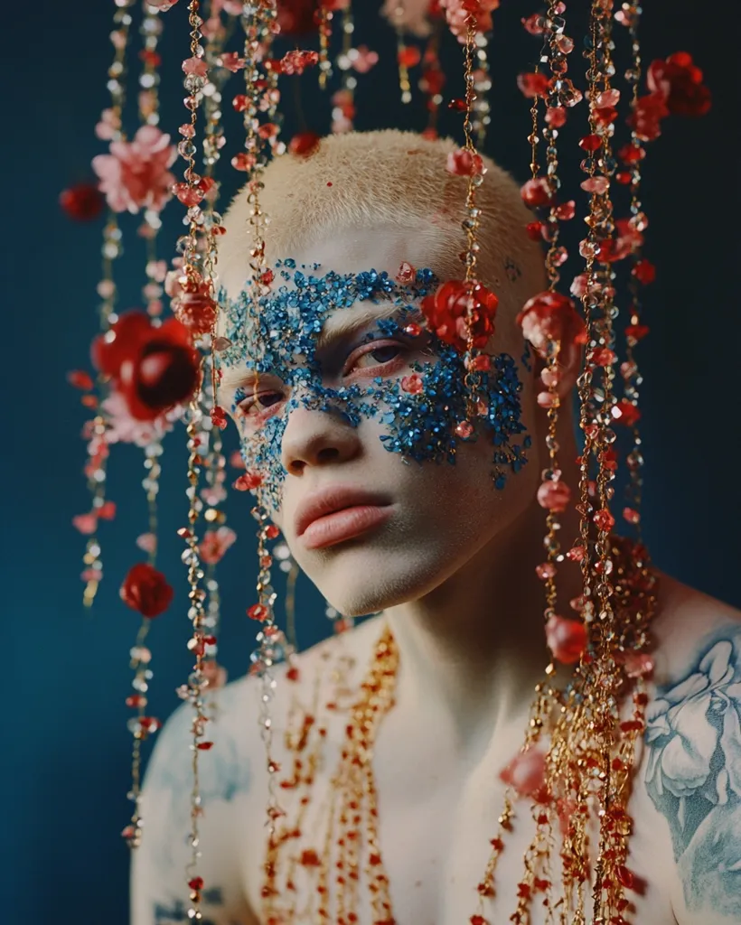 A person with pale skin and blue glitter makeup is framed by cascading strands of red, pink, and gold beads. The background is a deep blue, creating a striking contrast with the model's light skin and the bright jewelry. The image has a surreal, almost fairytale quality.
