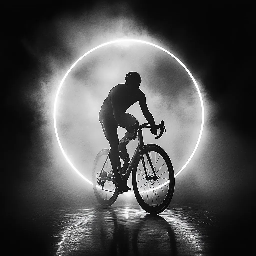 The image is a black and white photograph of a cyclist riding a bicycle in front of a large, glowing, circular light. The cyclist is silhouetted against the light, creating a dramatic and ethereal effect. The background is a hazy, dark space. The overall composition is simple and striking, emphasizing the cyclist's journey and the symbolic nature of the light.