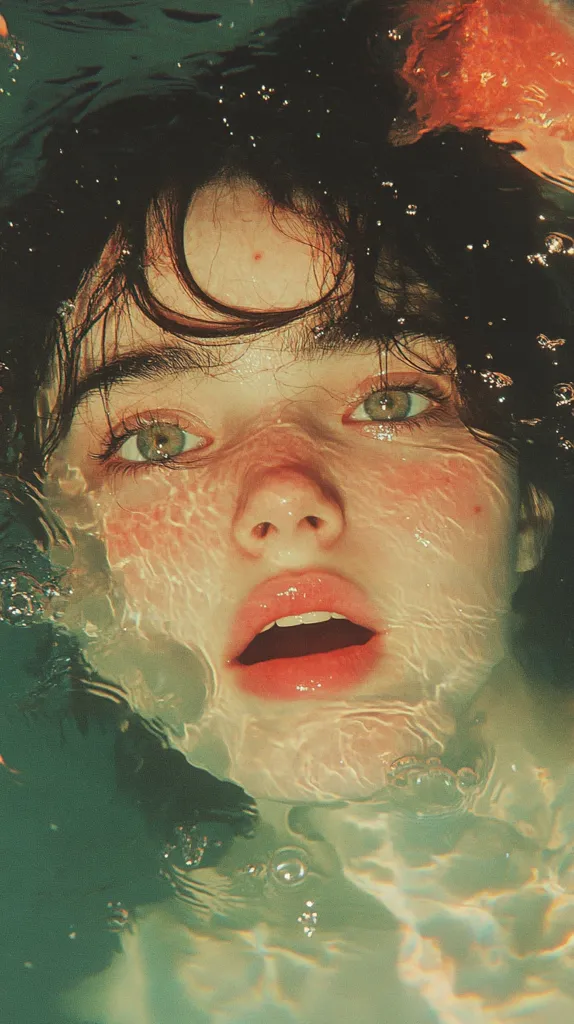 The image shows a close-up of a woman's face submerged in water. Her dark hair floats around her head, while her face is partially obscured by bubbles and water. Her eyes are wide open, and her mouth is slightly open, as if she is holding her breath. The light from above casts a warm glow on her skin, and the water creates a shimmering effect.  The overall mood of the image is dreamy and ethereal.